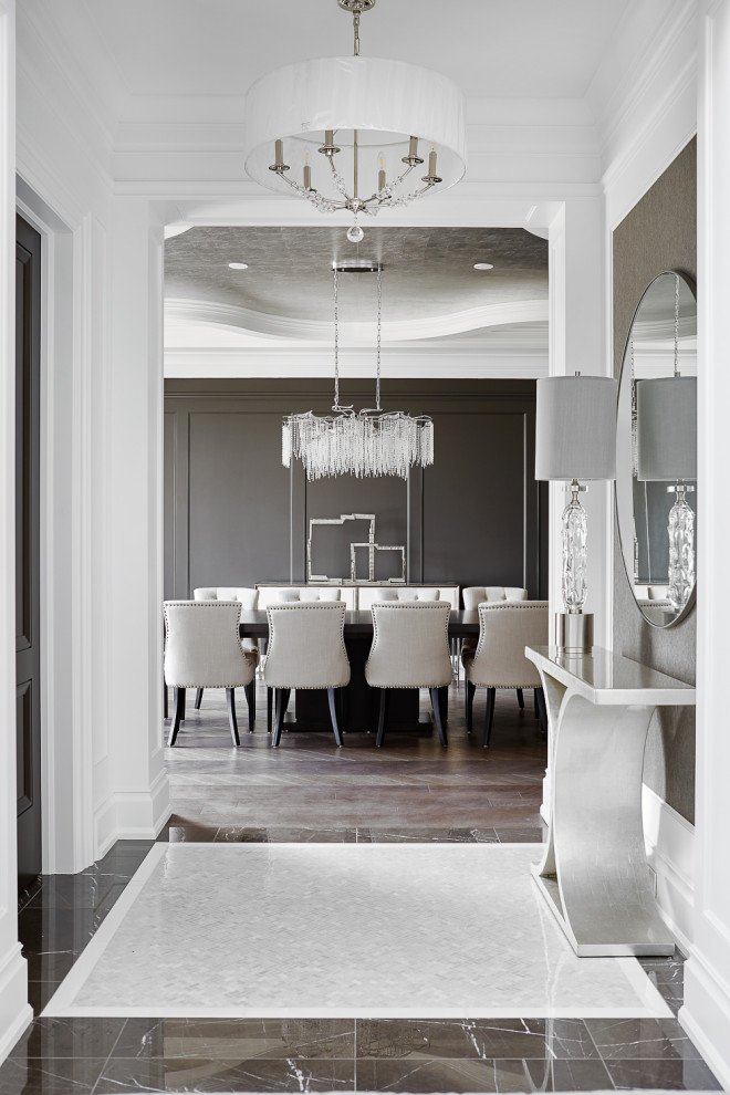 Inspiration for a mid-sized transitional porcelain tile, multicolored floor and wallpaper front door remodel in Toronto with white walls