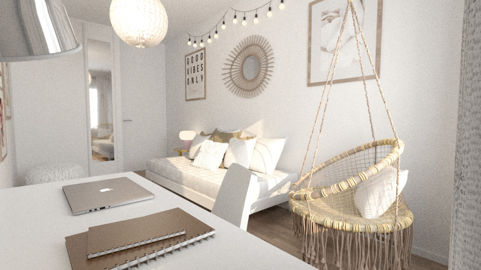 Design ideas for a medium sized world-inspired teen’s room for girls in Paris with white walls and light hardwood flooring.