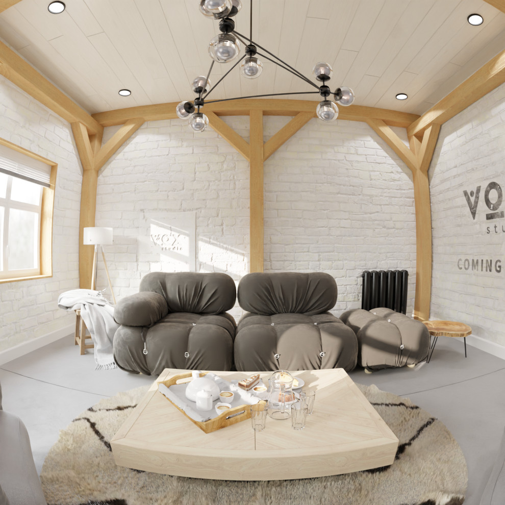 Foto de salón abierto escandinavo pequeño sin televisor con paredes blancas, suelo de cemento, suelo gris, machihembrado y ladrillo