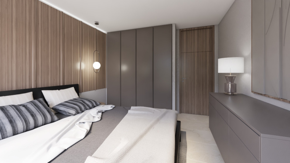 Идея дизайна: маленькая гостевая, серо-белая спальня (комната для гостей) в современном стиле с серыми стенами, полом из керамической плитки, бежевым полом и деревянными стенами для на участке и в саду