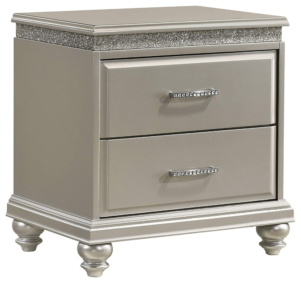 2 Drawer Wooden Nightstand with Faux Crystal Inlay, Champagne Silver