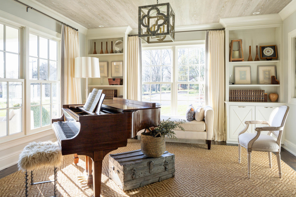 Inspiration for a large traditional enclosed living room in Nashville with grey walls, dark hardwood floors, brown floor, a music area, no fireplace and no tv.