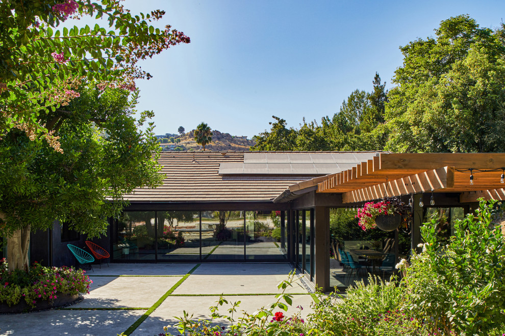Photo of a large midcentury backyard patio in Los Angeles with a container garden, concrete slab and a pergola.