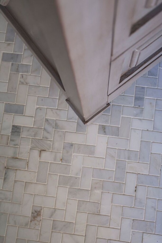 Small transitional kids' gray tile and stone tile marble floor bathroom photo in Dallas with raised-panel cabinets, gray cabinets, a two-piece toilet, blue walls, an undermount sink and marble countertops