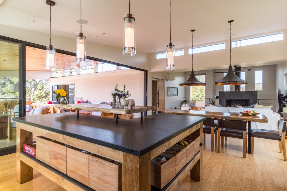 Mid-sized modern l-shaped open plan kitchen in San Diego with flat-panel cabinets, black cabinets, black appliances, bamboo floors, with island, black benchtop and vaulted.