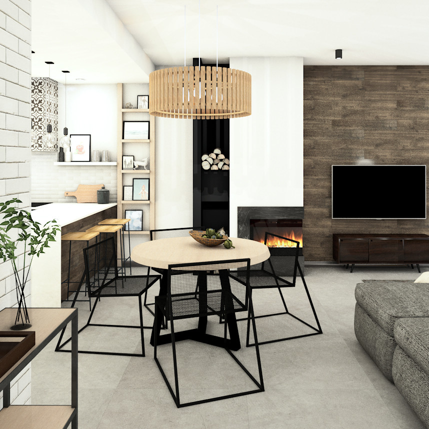 Small modern open concept living room in Other with white walls, porcelain floors, a corner fireplace, a tile fireplace surround, a wall-mounted tv, grey floor and panelled walls.