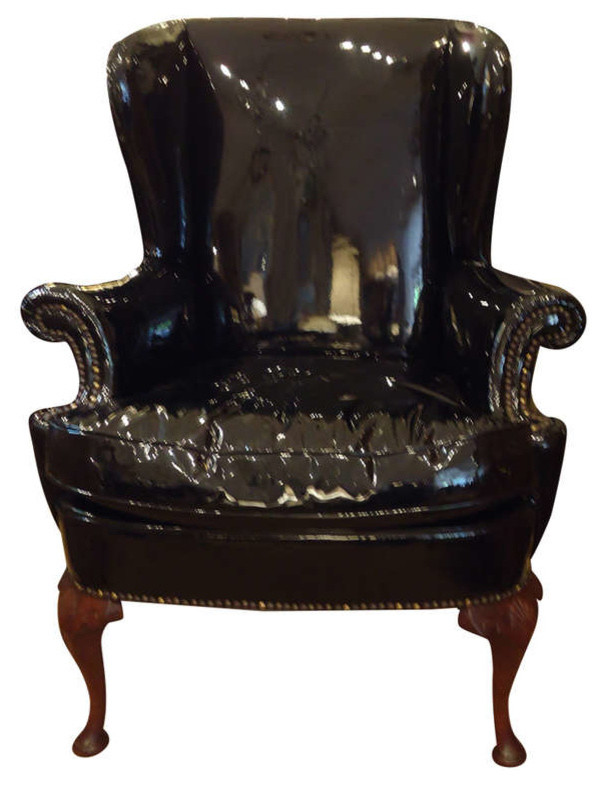 Black Patent Leather Vintage Wing Chair
