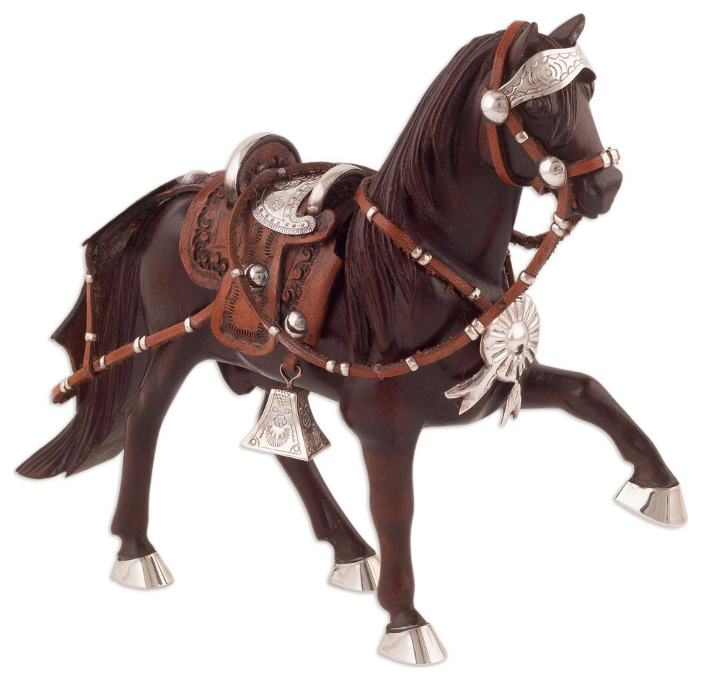 NOVICA Paso Horse And Sterling Silver Accent Mahogany Wood Sculpture