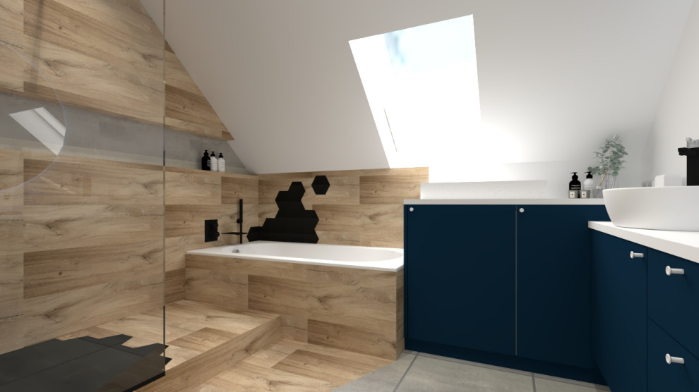 This is an example of a mid-sized modern kids bathroom in Lille with an undermount tub, a curbless shower, black tile, wood-look tile, concrete floors, a vessel sink, wood benchtops, an open shower, a niche, a double vanity and a freestanding vanity.