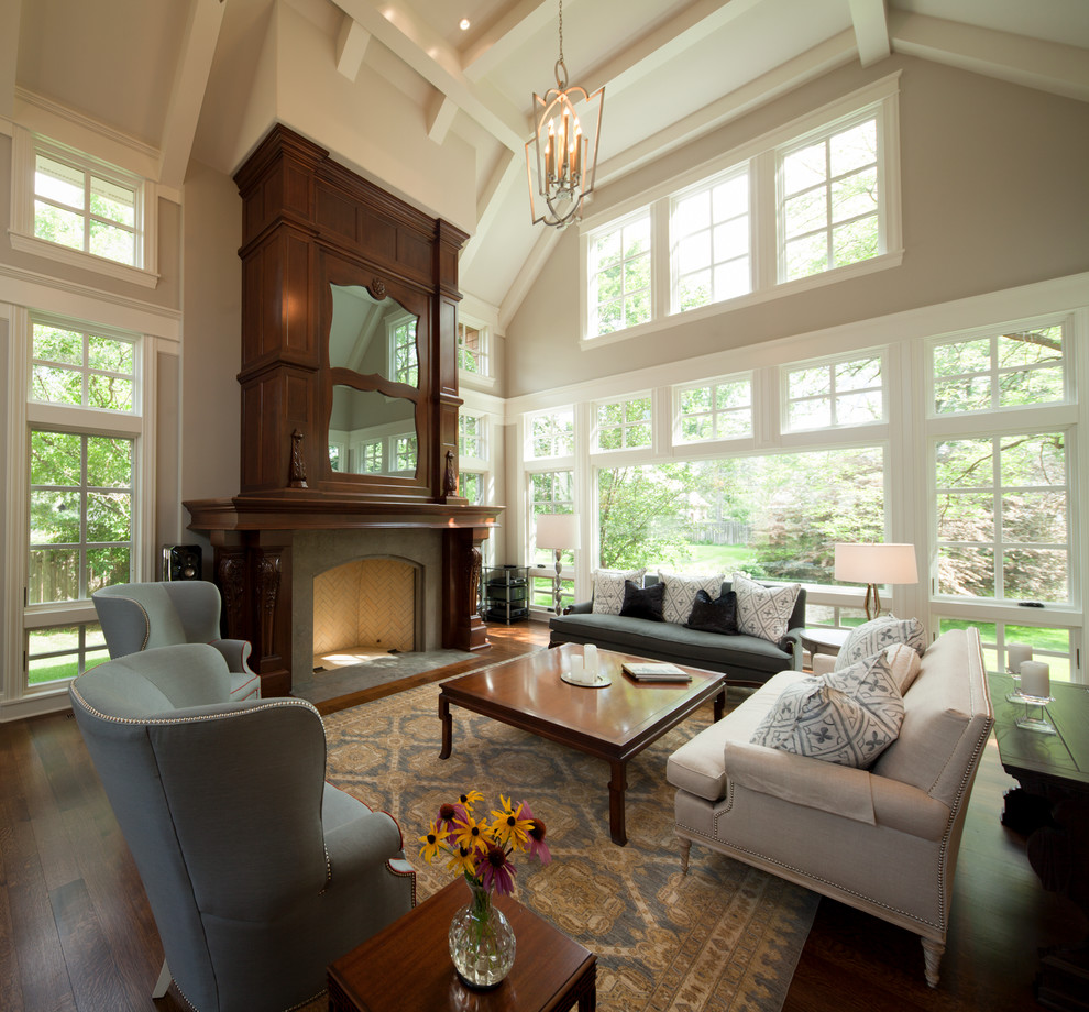 Inspiration for a transitional living room in Minneapolis with beige walls, a standard fireplace and no tv.