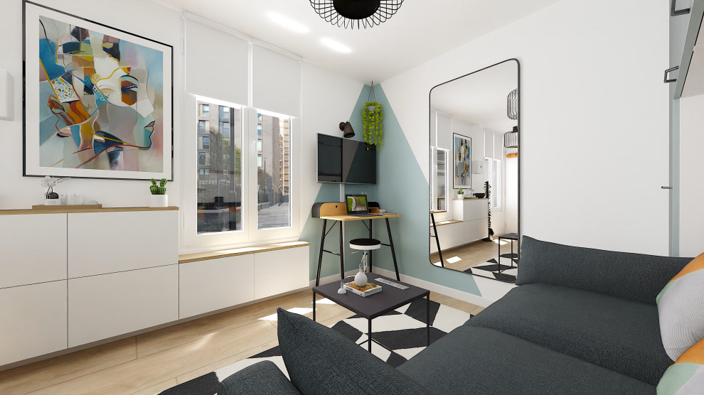 Cette image montre un petit salon blanc et bois urbain ouvert avec un sol en vinyl, un téléviseur fixé au mur et un sol beige.