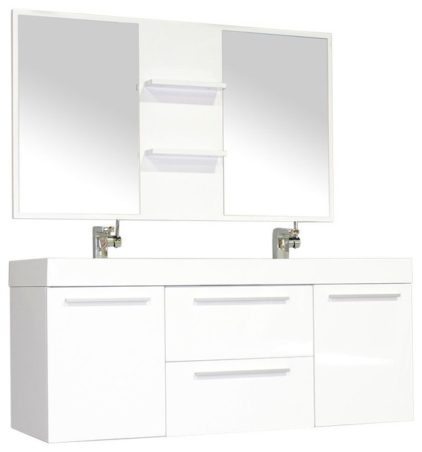 Greenville 54" Double Wall Mount Modern Bathroom Vanity, White With