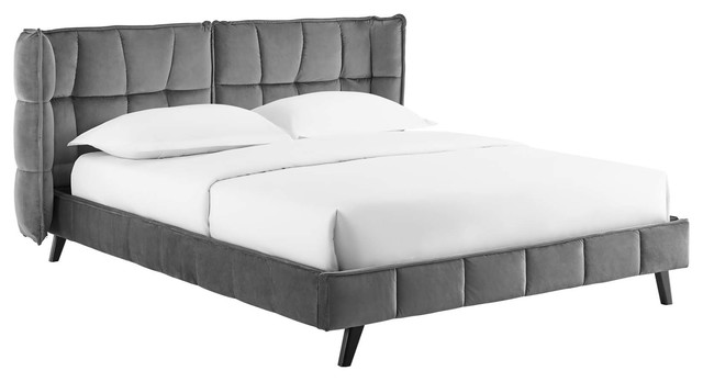 Makenna Queen Upholstered Velvet Platform Bed, Gray