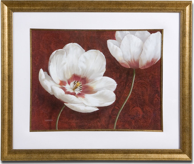 White and Burgundy Floral Framed Wall Art Transitional Artwork by
