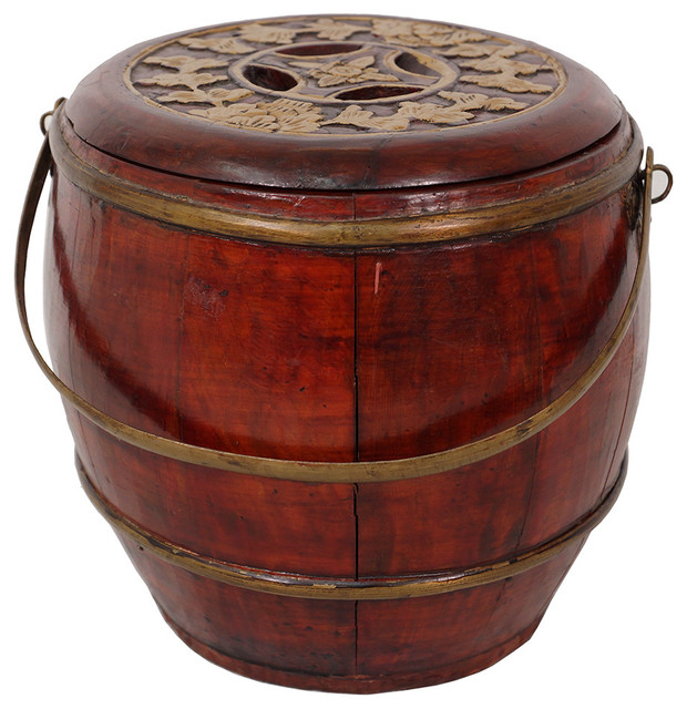 Consigned Chinese Antique Wooden Carved Rice Grain Bucket 22p72