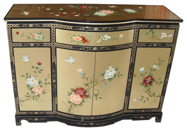 48 Oriental Lacquer Cabinet With Rounded Center And Hand Painted