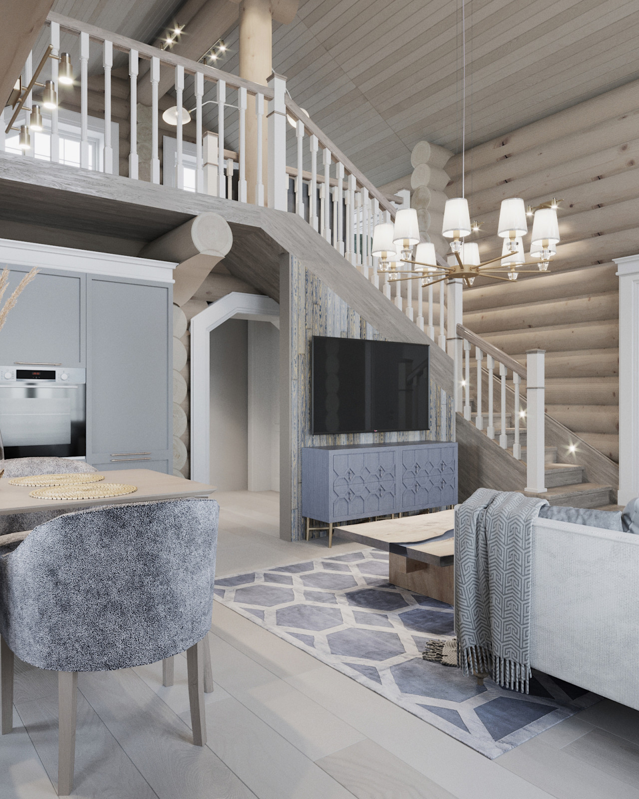 Проект интерьера загородного бревенчатого дома в стиле неоклассика