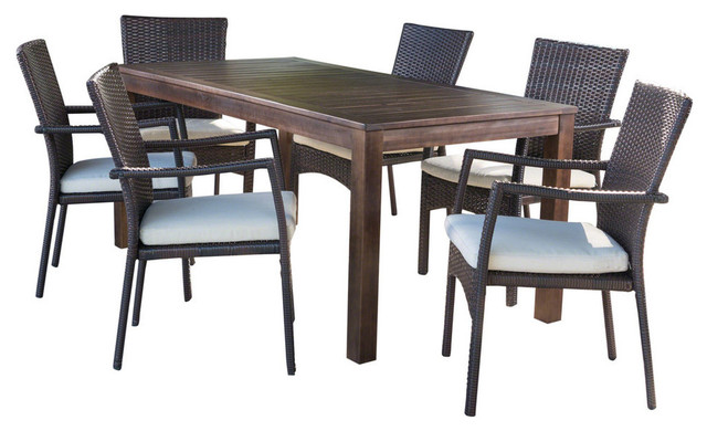 Gdf Studio 7 Piece Goodman Outdoor Dining Set With Brown Wood Table And Chair Tropical Outdoor Dining Sets By Gdfstudio