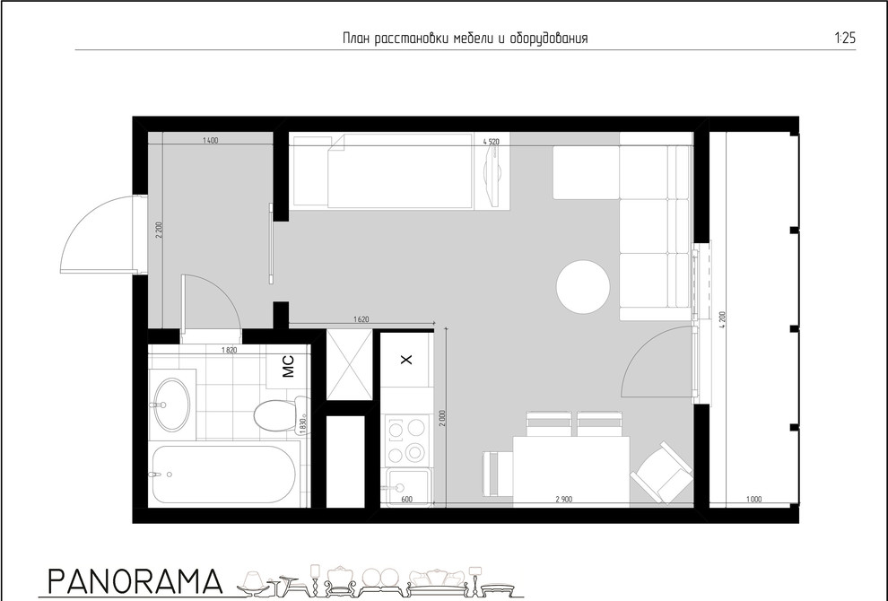 Проект квартиры-студии, S - 26 кв.м.