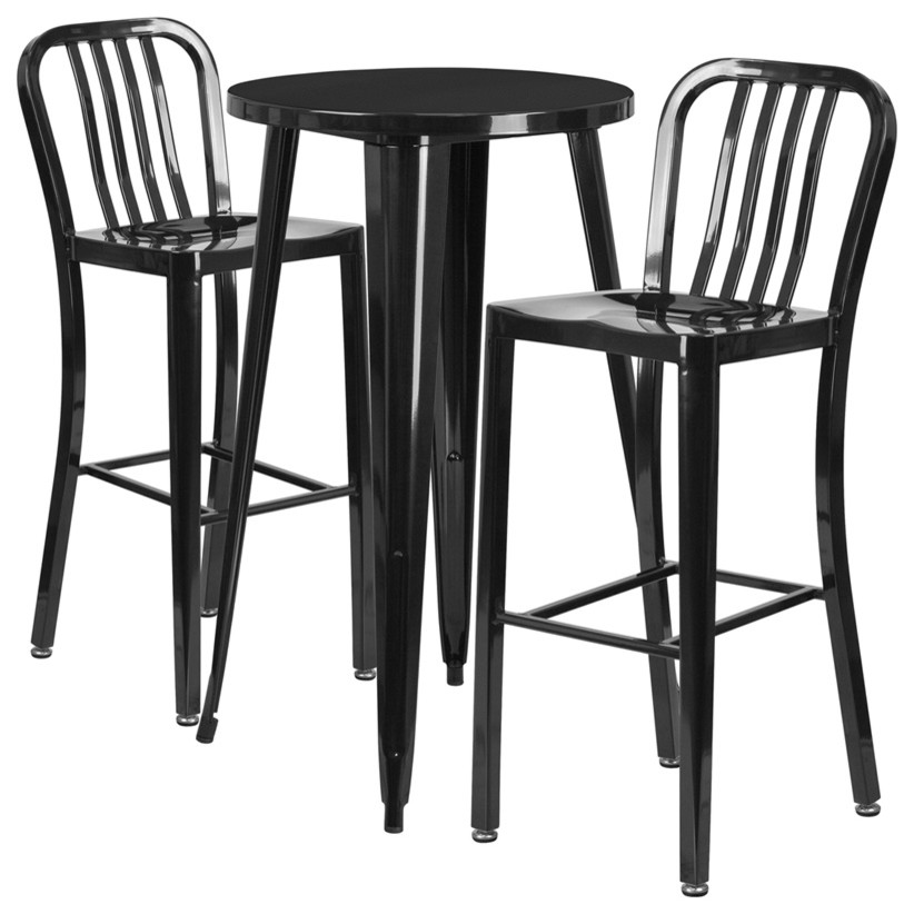 3Piece 24" Round Metal Bar Table Set Industrial Outdoor Pub And