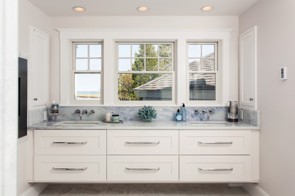 Inspiration for a transitional master gray tile and stone tile marble floor double shower remodel in Boston with an undermount sink, recessed-panel cabinets, white cabinets, marble countertops and white walls