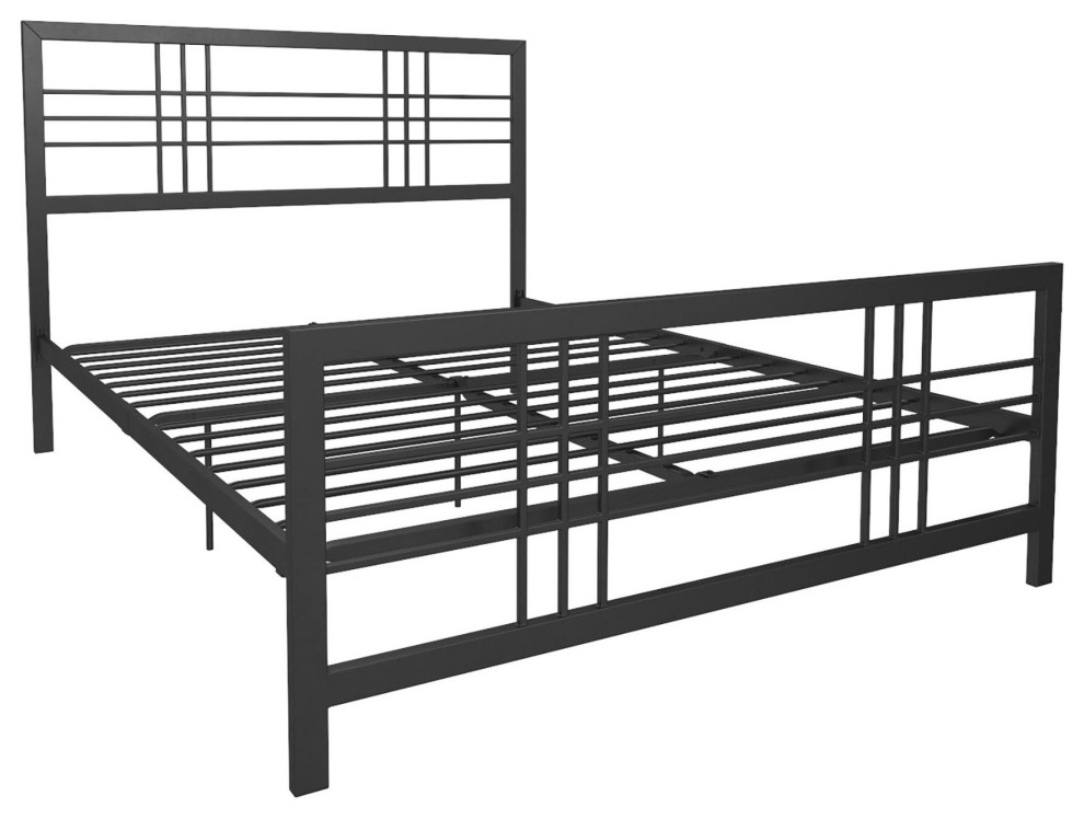 Platform Bed, Black Metal Frame With Crisscross Patterned Headboard