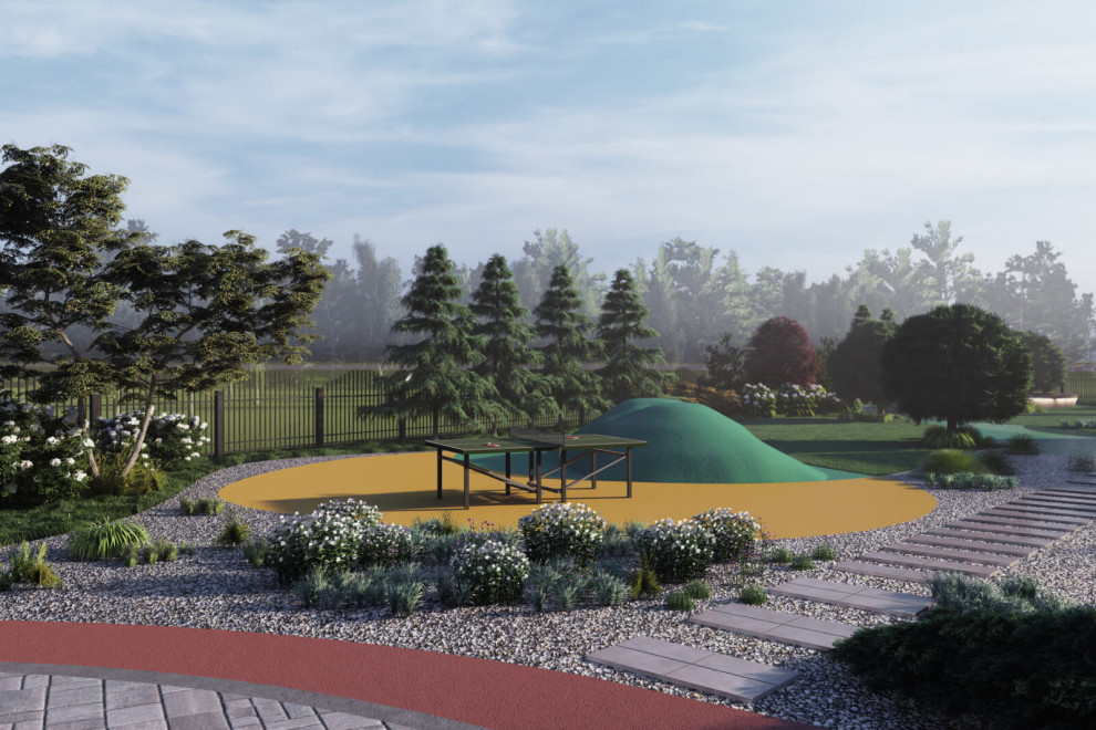 Деткий холм. 3 типа покрытий : пошаговые плиты, резиновая дорожка, бетонная плит