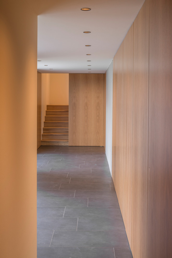 Свежая идея для дизайна: лестница в современном стиле с деревянными стенами - отличное фото интерьера