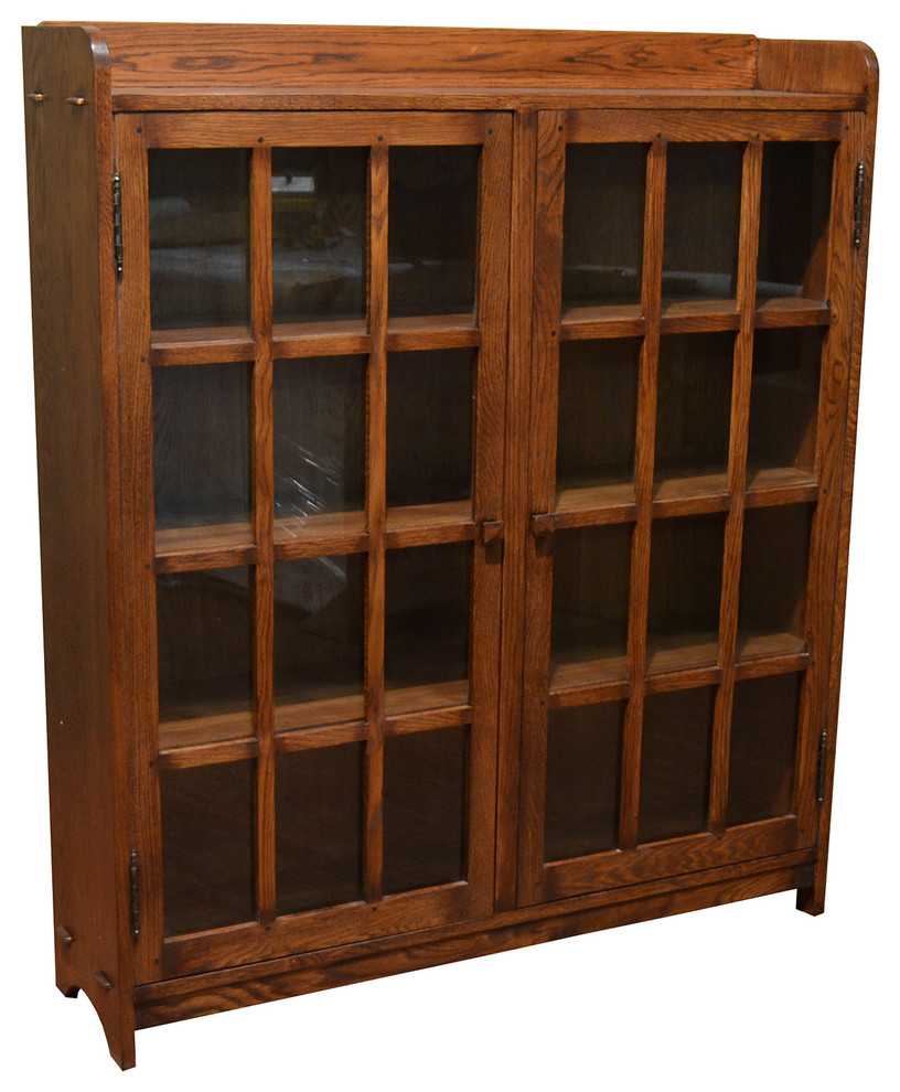 Mission Oak Bookcase With 2 Glass Doors, Shaker Bookcase With Glass Doors
