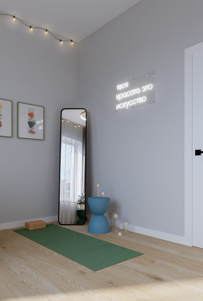 Современный интерьер дома с акцентами лестного цвета