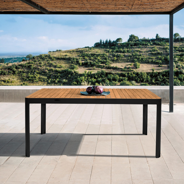 Portals Outdoor Black Rectangle Teak Wood & Aluminum Dining Table ...