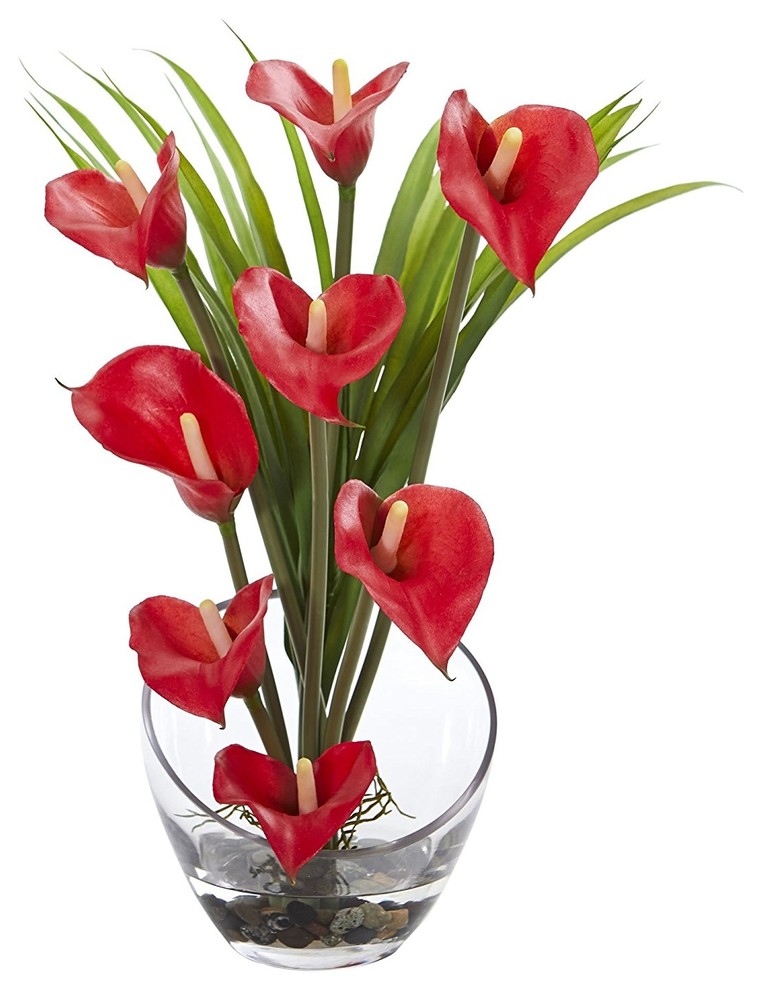 15.5" Calla Lily and Grass Artificial Arrangement, Vase, Red