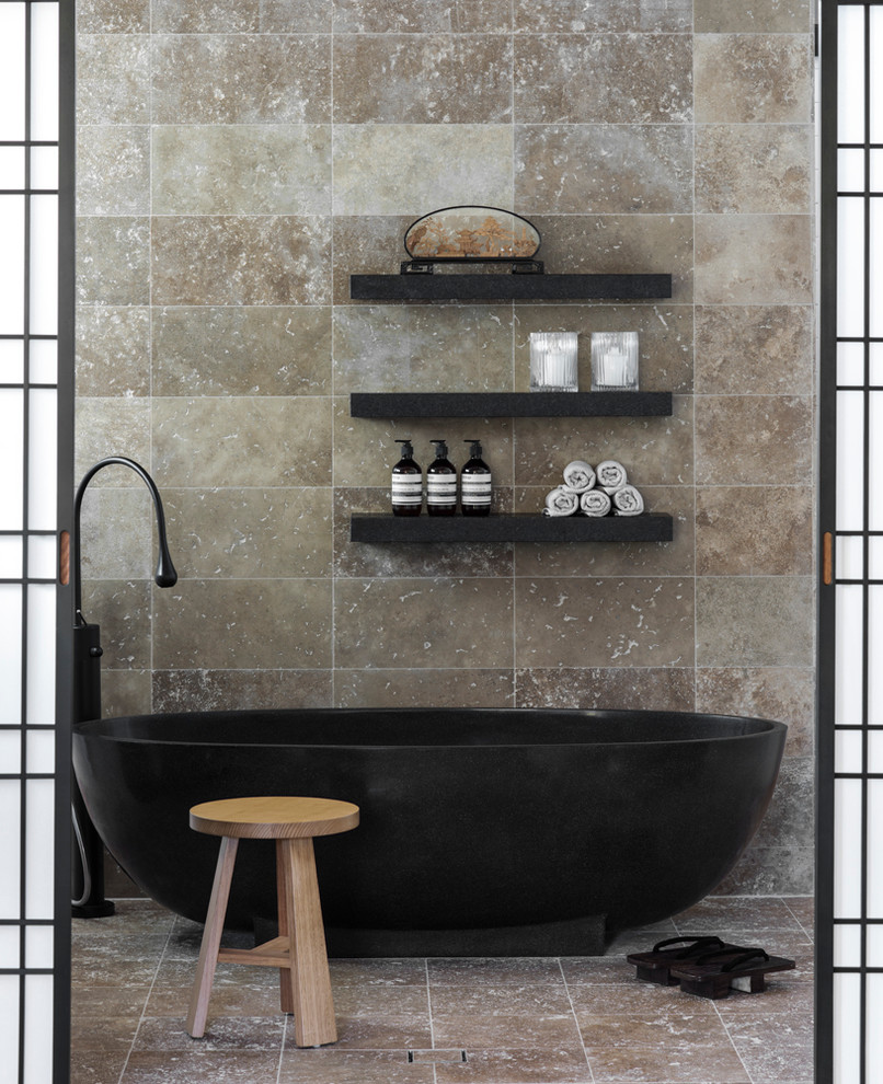 Photo of a mid-sized asian master bathroom in Melbourne with medium wood cabinets, a freestanding tub, brown tile, stone tile, brown walls and travertine floors.