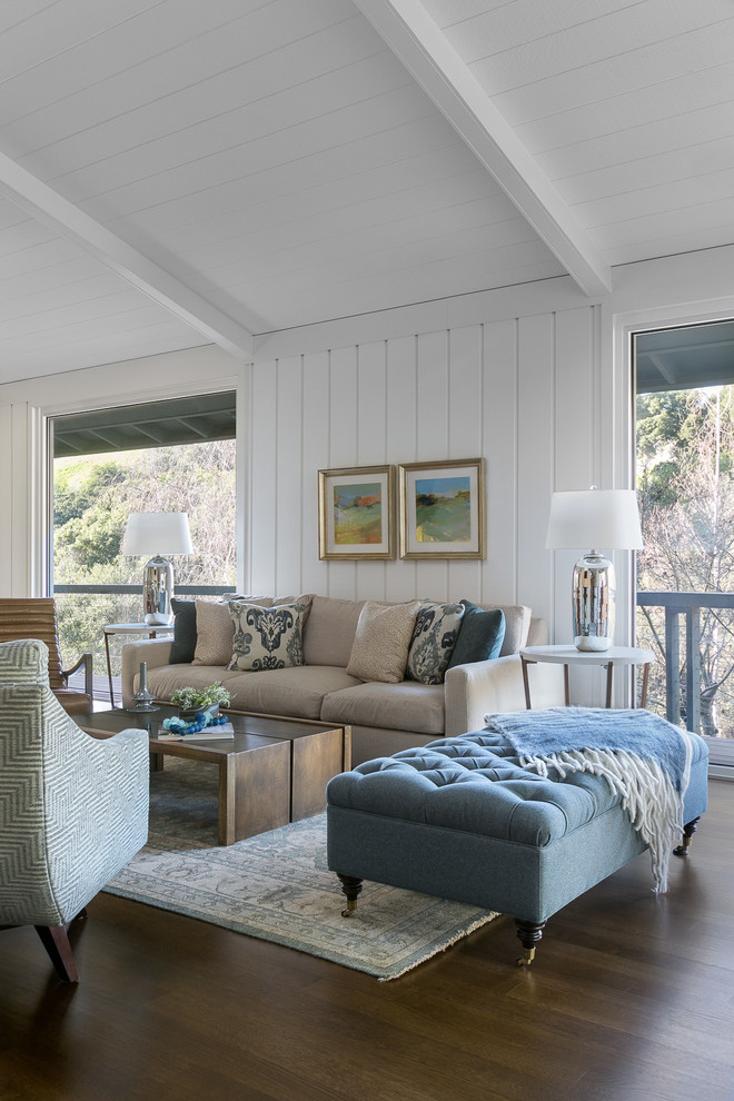 Inspiration for a mid-sized mid-century modern enclosed dark wood floor and brown floor family room remodel in San Francisco with white walls