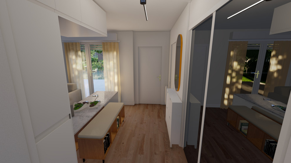 Idéer för ett litet modernt allrum med öppen planlösning, med beige väggar, laminatgolv, en väggmonterad TV och brunt golv