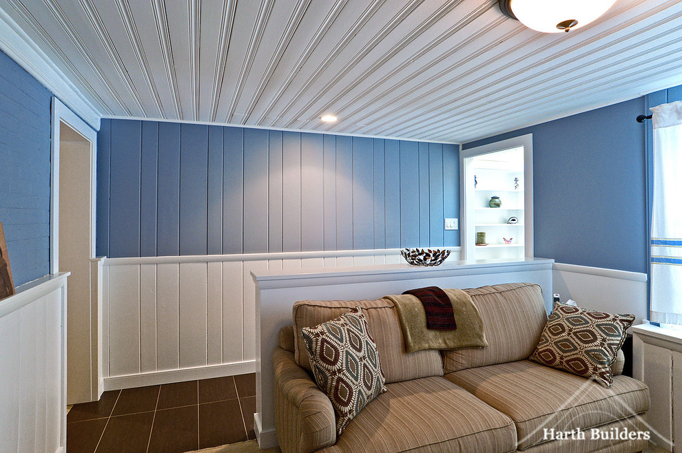 Inspiration for a small transitional ceramic tile mudroom remodel in Philadelphia with blue walls and a white front door