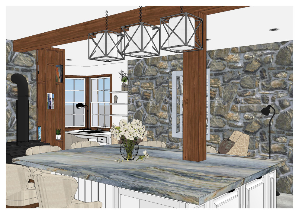 Кухня с большим островом в частном доме в США