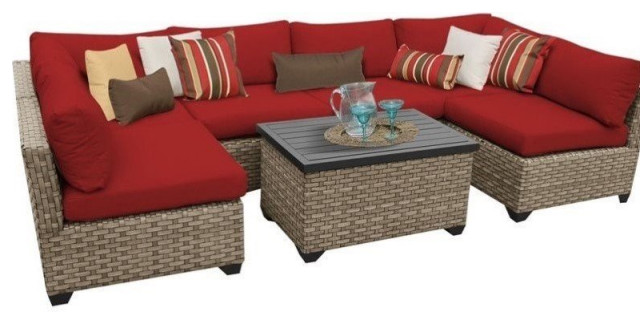 TK Classics Monterey 7-Pc Patio Wicker Sectional Set w/ Cushions in Red