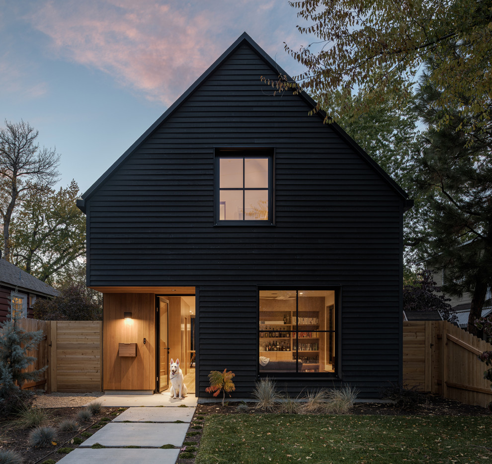 Пример оригинального дизайна: маленький, деревянный, черный, двухэтажный частный загородный дом в современном стиле с двускатной крышей, черной крышей и отделкой планкеном для на участке и в саду