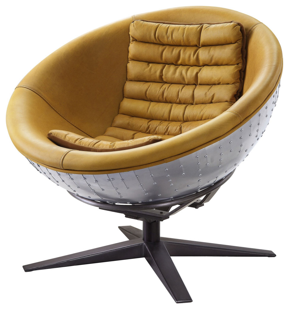 Unique Accent Chair, Top Grain Leather Seat and Riveted Aluminum Frame