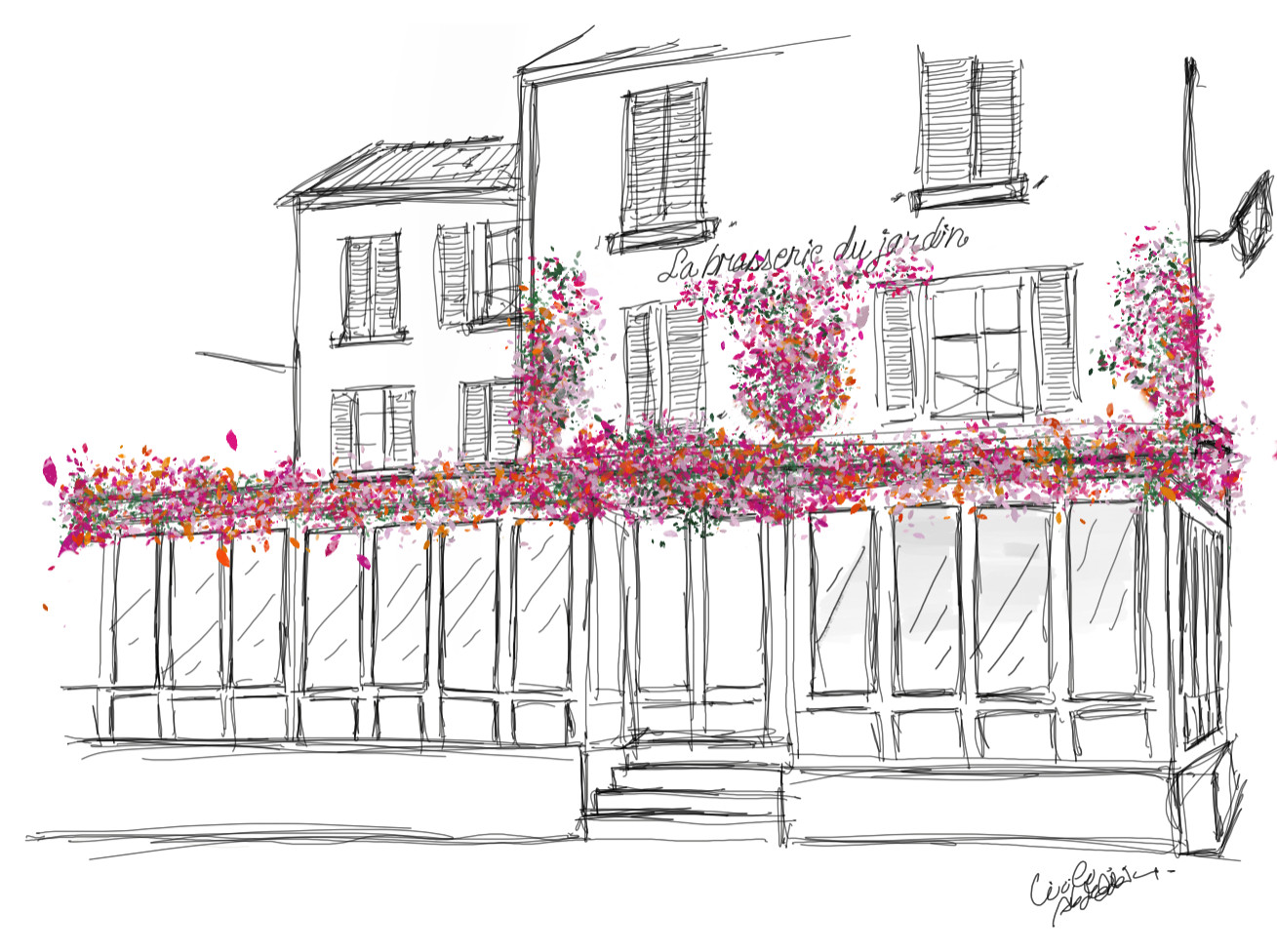 Création façade fleurie de restaurant