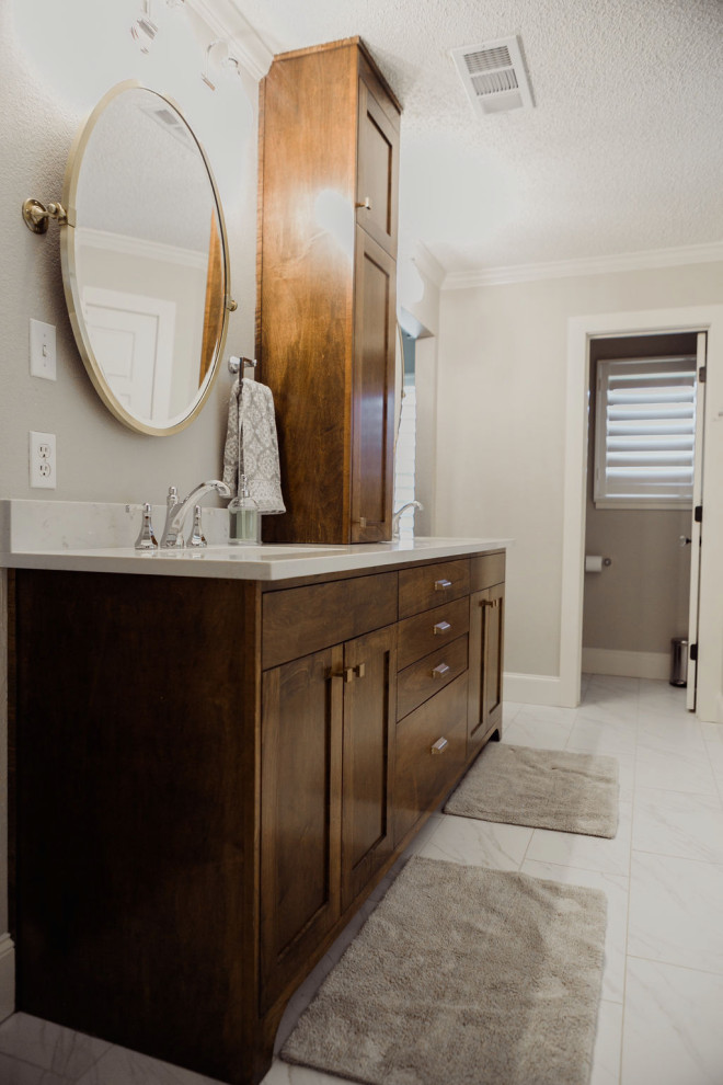 Freestanding bathtub - mid-sized modern master white tile porcelain tile and white floor freestanding bathtub idea in Dallas with flat-panel cabinets, brown cabinets, white walls, quartzite countertops, a hinged shower door and white countertops
