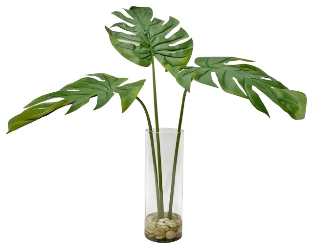 Elegant Wide Split Palm Leaf Faux Floral Leaves Glass Vase Natural Stone Filler