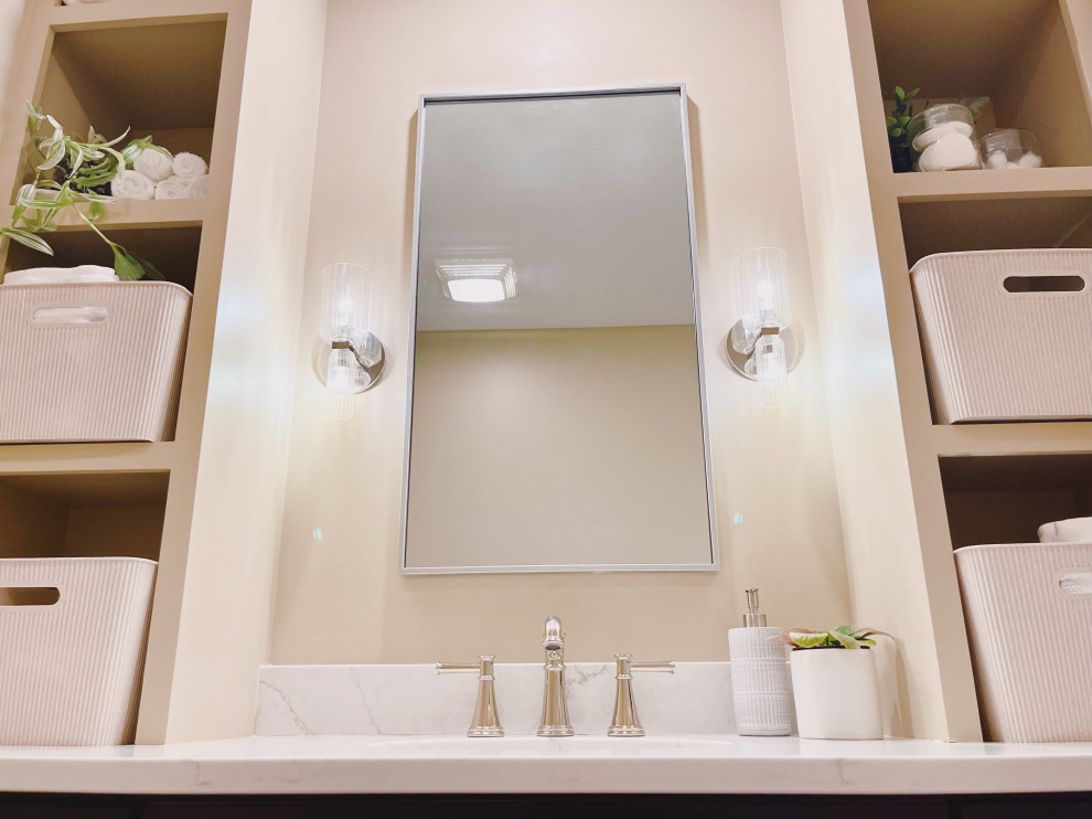 Alcove bathtub - mid-sized transitional white tile and ceramic tile porcelain tile, beige floor and single-sink alcove bathtub idea with shaker cabinets, dark wood cabinets, a two-piece toilet, beige walls, an undermount sink, quartz countertops, beige countertops and a built-in vanity