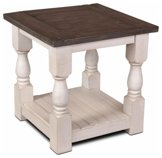 Square Side End Table Distressed White And Brown Solid Wood French