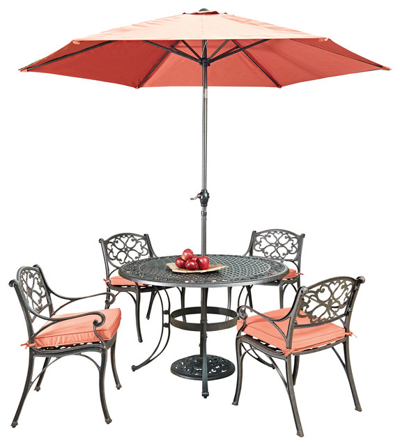 Biscayne 6Piece Outdoor Dining Set With Umbrella, Brown, 48" Traditional Outdoor Dining