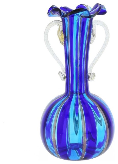 GlassOfVenice Murano Glass Small Blue Vase With Handles
