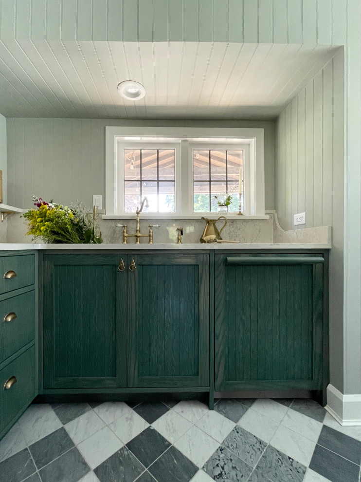 Mid-sized transitional marble floor, multicolored floor and shiplap ceiling kitchen photo with green cabinets, quartz countertops, white backsplash, quartz backsplash, stainless steel appliances and white countertops