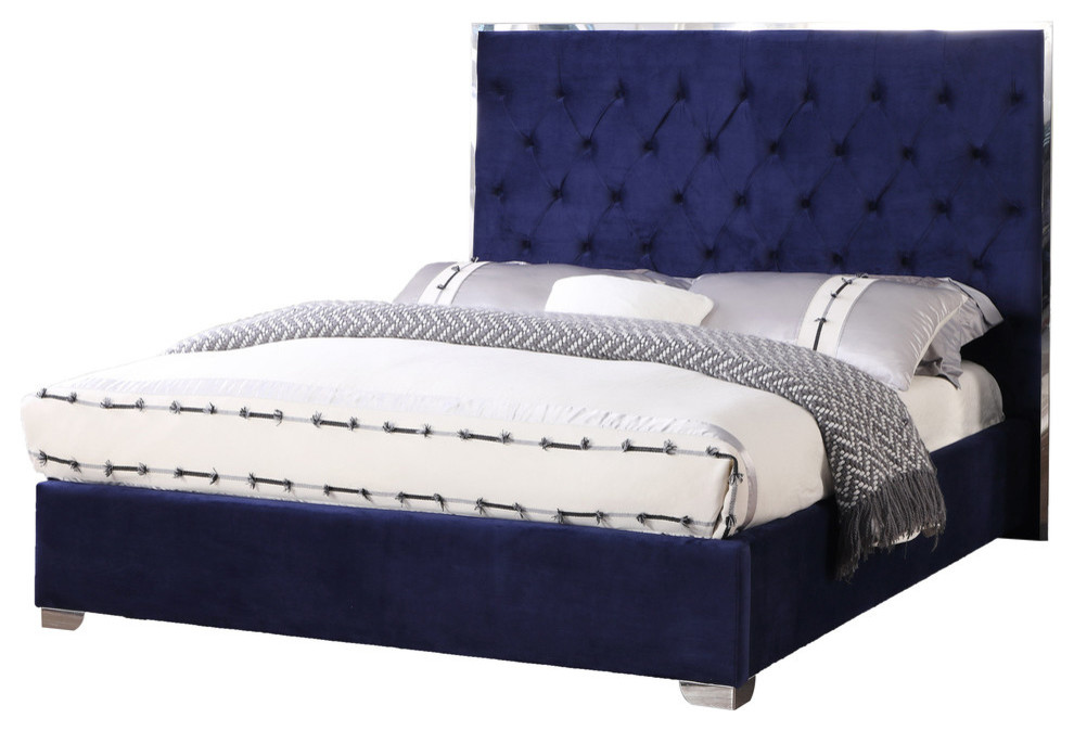 Kressa Velour Upholstered Platform Tufted Bed, Blue, Queen