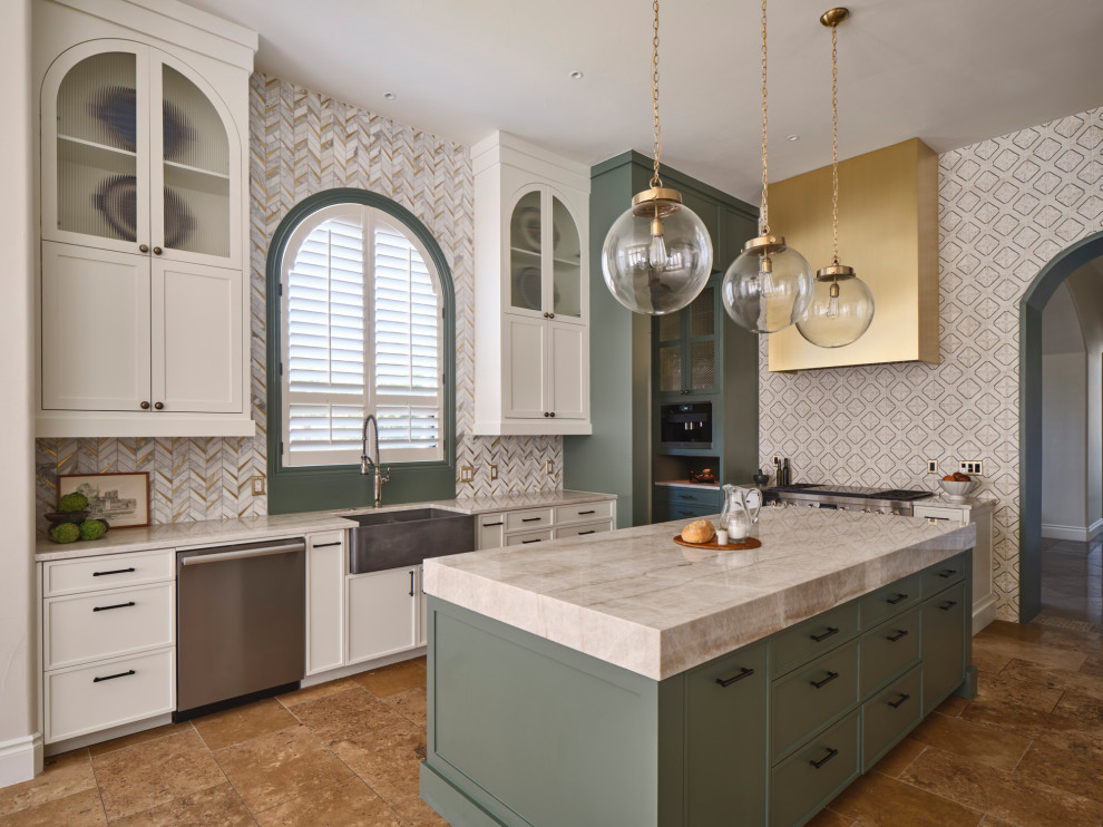 Transitional u-shaped eat-in kitchen in Austin with a farmhouse sink, shaker cabinets, white cabinets, marble benchtops, multi-coloured splashback, stainless steel appliances, with island and multi-coloured benchtop.